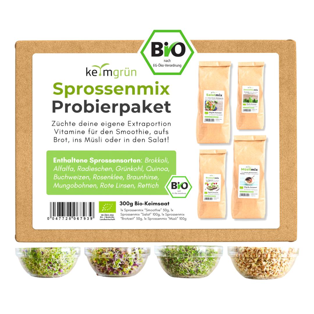 Vier Sprossenmixe im Überblick: Brotzeit, Salat, Müsli und Smoothie