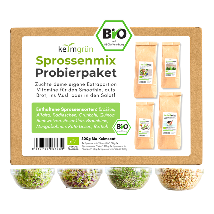 Vier Sprossenmixe im Überblick: Brotzeit, Salat, Müsli und Smoothie