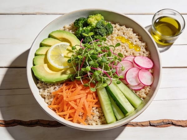 Eine bunte Frühlings-Bowl mit Radieschen- und Brokkoli-Microgreens